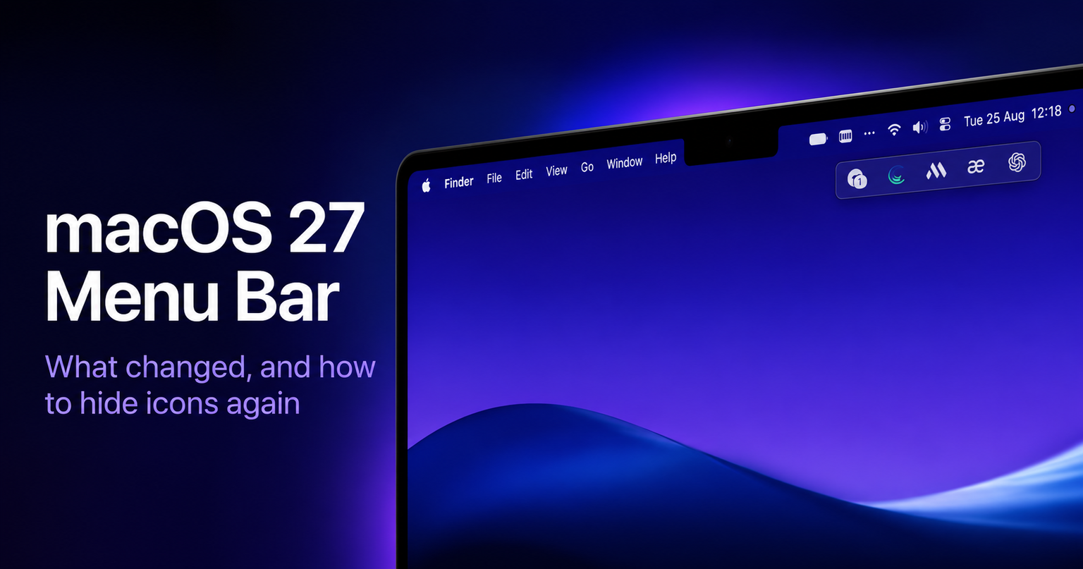 macOS 27 Golden Gate menu bar with the new overflow button next to the MacBook notch